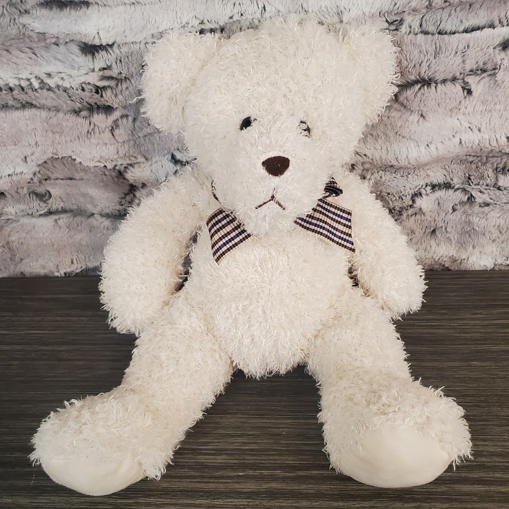 Burton & Burton White 12" White Teddy Bear Stripe Bow Silky Soft Plush Toy
